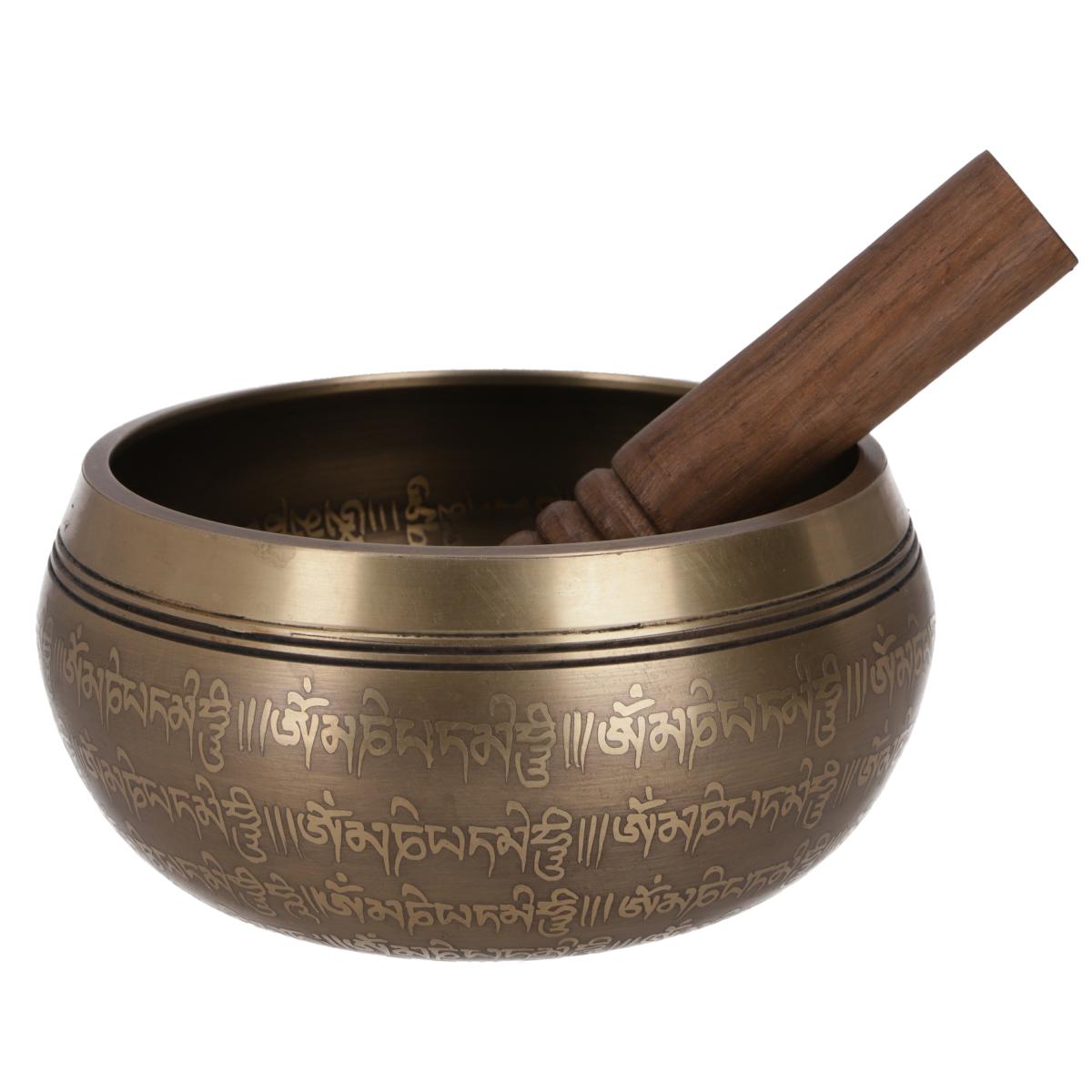 Handgearbeitete tibetische Klangschale aus Nepal, Ø 16 cm, mit gravierten Mantren auf der Außenseite und Holzklöppel.