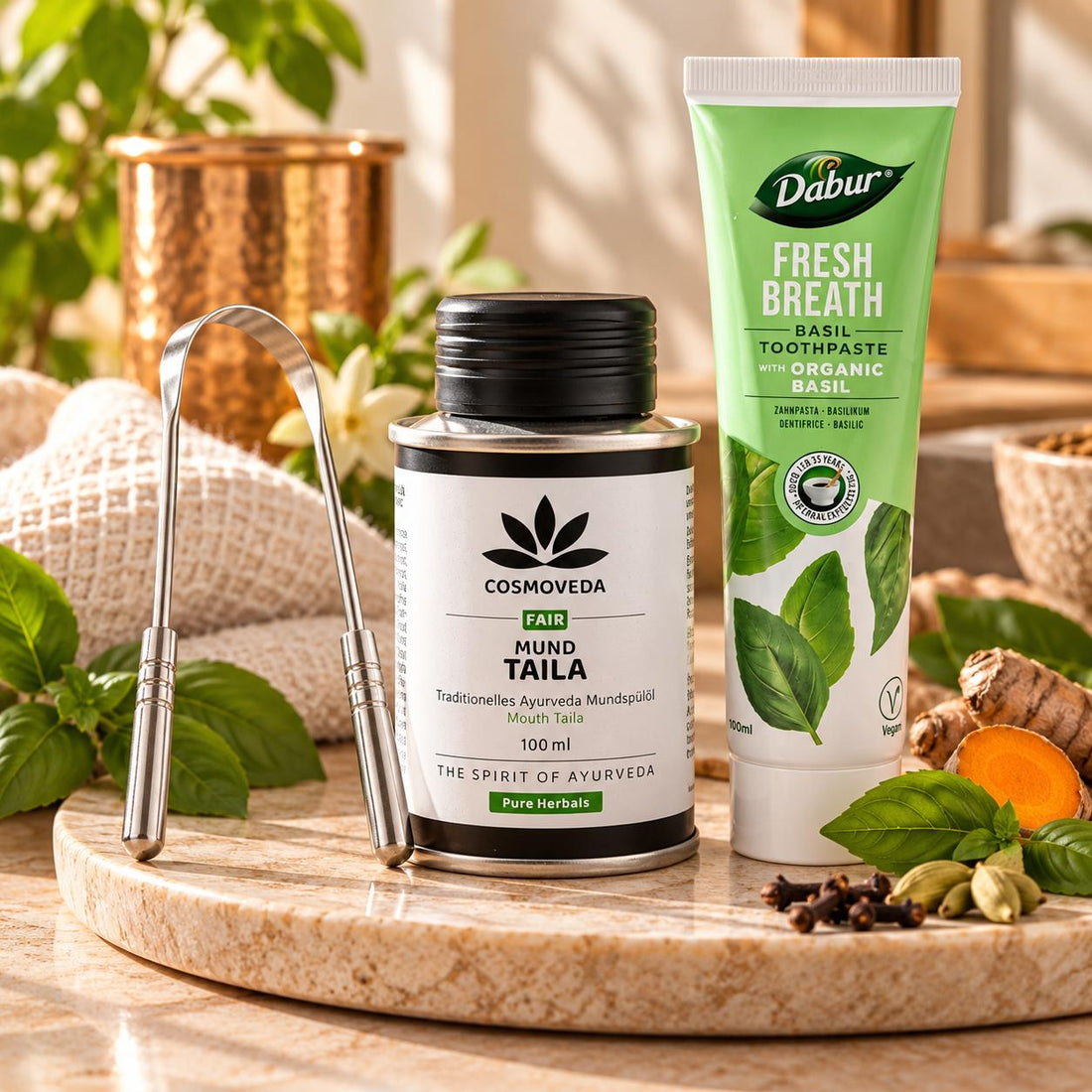 Ayurveda Mundpflege Set mit Edelstahl-Zungenschaber, Cosmoveda Mundziehöl und Basilikum-Zahnpasta für die ayurvedische Morgenroutine