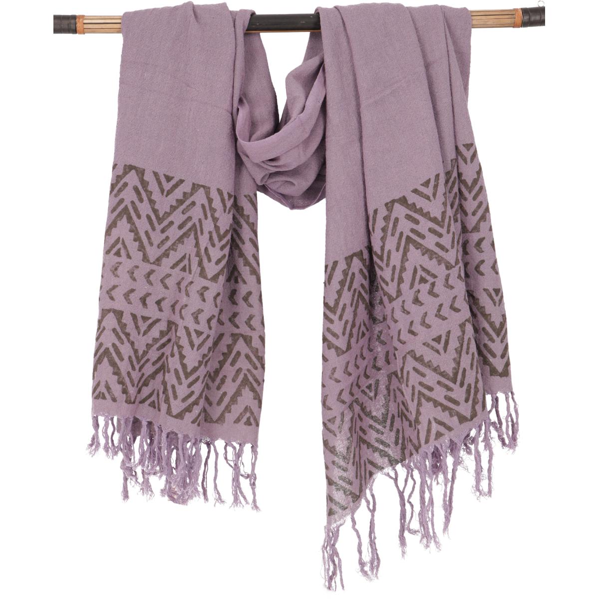 Handgewebtes Baumwolltuch in Flieder mit dunklem Tribalmuster, 170 × 105 cm