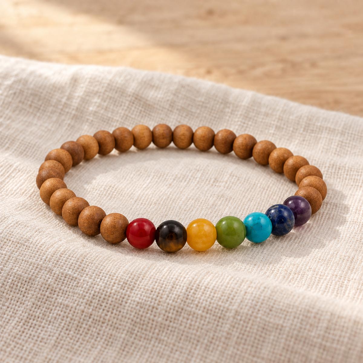 Chakra Armband mit Sandelholzperlen und sieben farbigen Heilsteinen