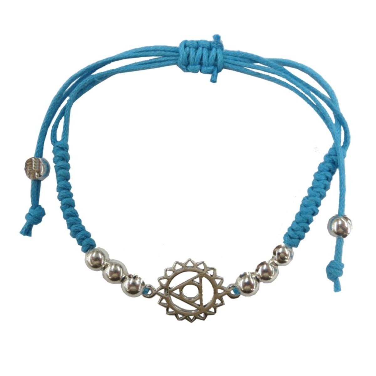 Halschakra Armband Vishuddhi mit türkisfarbenem Baumwollband, silberfarbenen Perlen und Chakra Anhänger aus 925 Sterling Silber