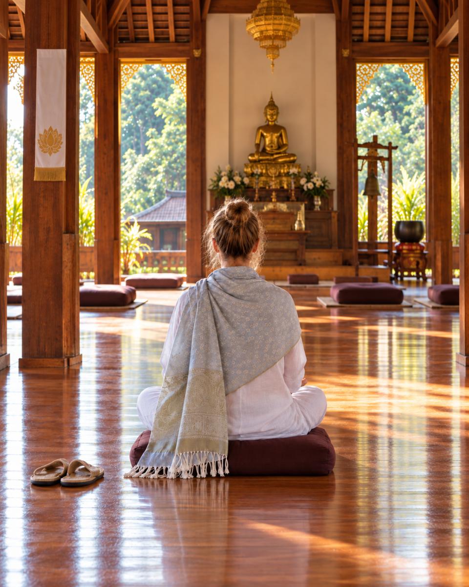 Frau mit hellblauem Meditationsschal meditiert auf einem Sitzkissen in einem buddhistischen Kloster vor einer goldenen Buddha-Statue.