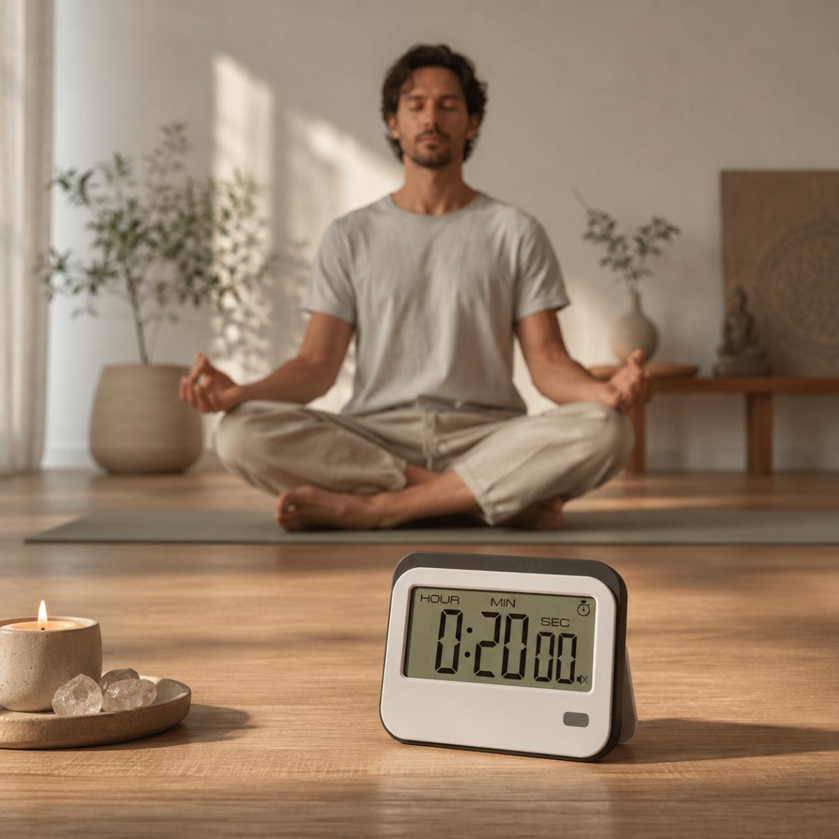 Meditationsuhr KABANI vor einem meditierenden Mann im ruhigen Yogaraum