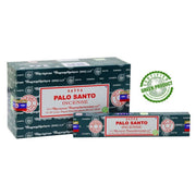 Satya Palo Santo Räucherstäbchen in dunkelgrüner 15-g-Verpackung mit rot-weißem Palo-Santo-Schriftzug.
