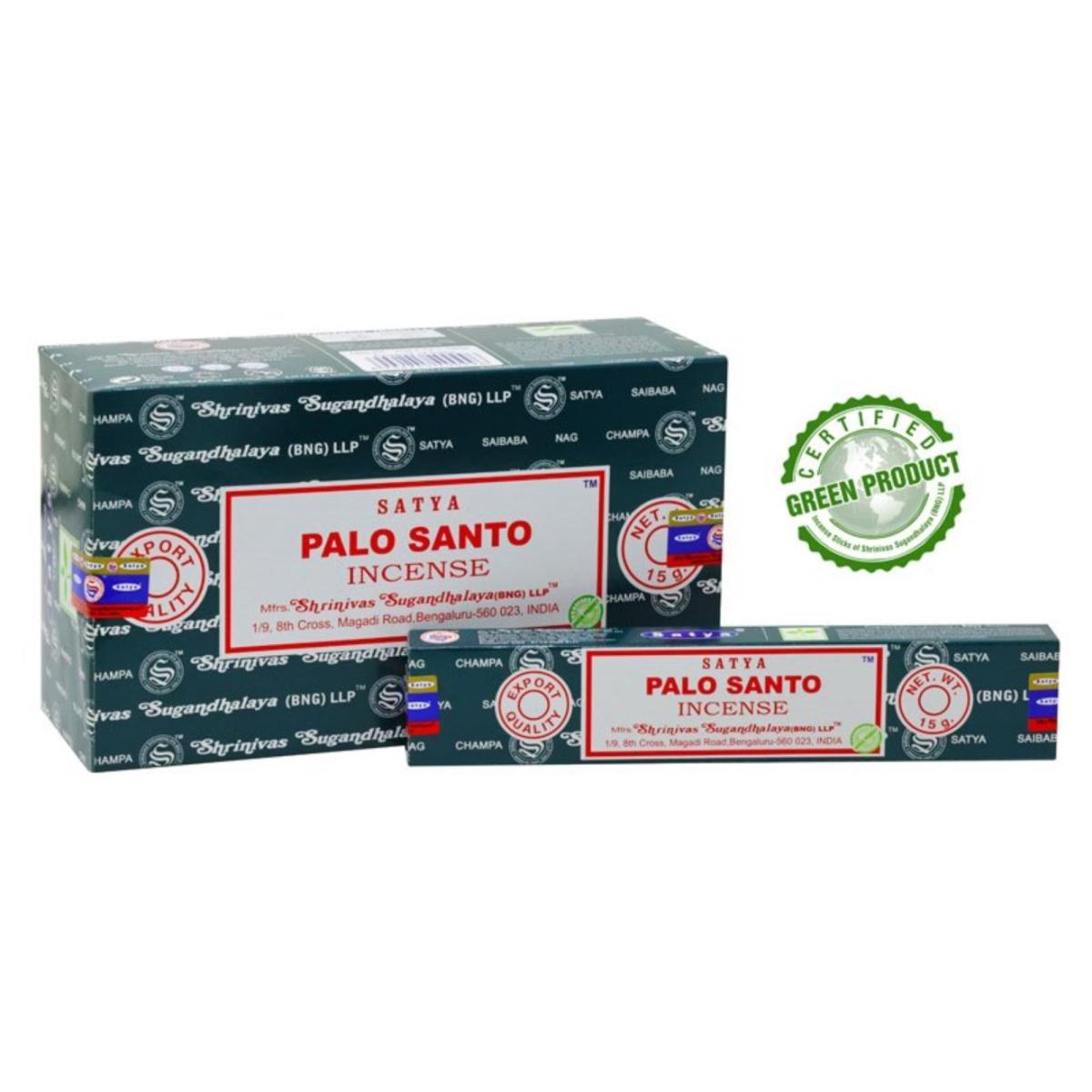 Satya Palo Santo Räucherstäbchen in dunkelgrüner 15-g-Verpackung mit rot-weißem Palo-Santo-Schriftzug.