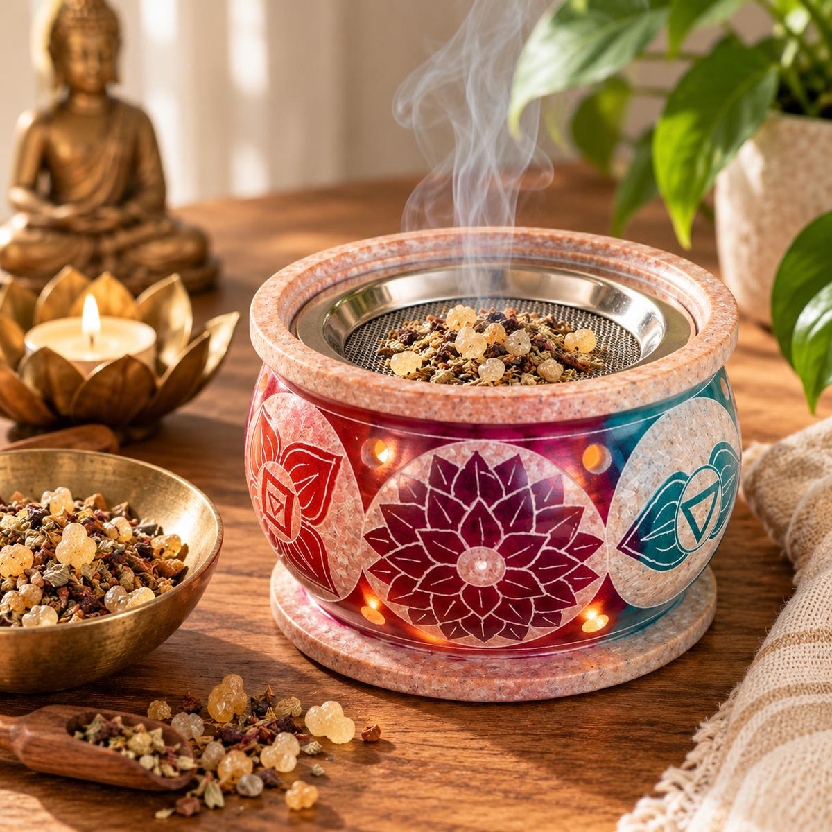 Räucherstövchen 7 Chakren aus graviertem Speckstein mit Edelstahlsieb, Räucherkräutern und Harzen, dekoriert mit Buddha und Kerzenlicht.