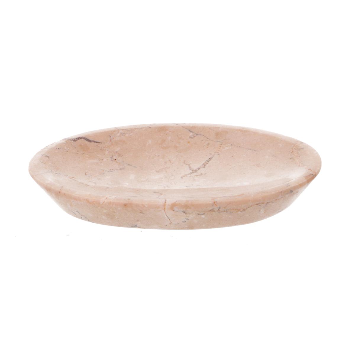 Ovale Seifenschale aus cremefarbenem Marmor mit natürlicher Maserung, 10 cm breit, in seitlicher Ansicht.