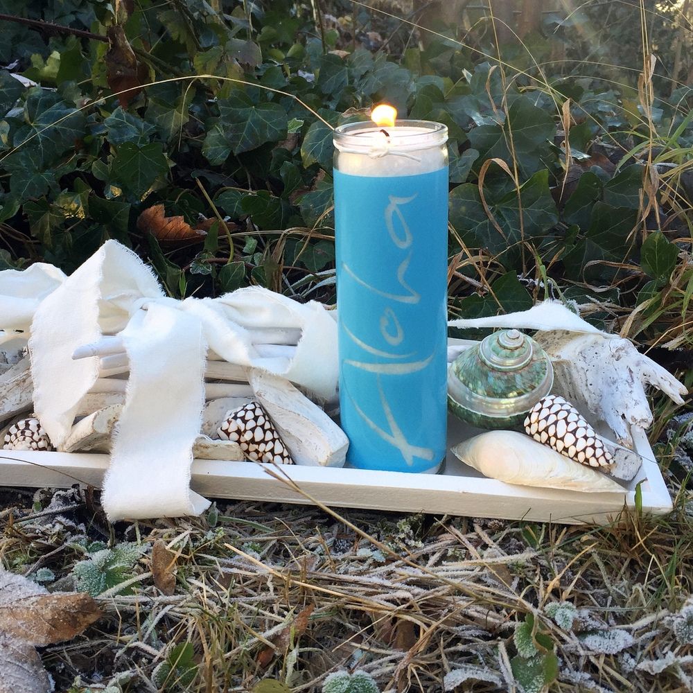 Sign Kerze 'Aloha' in hellblau