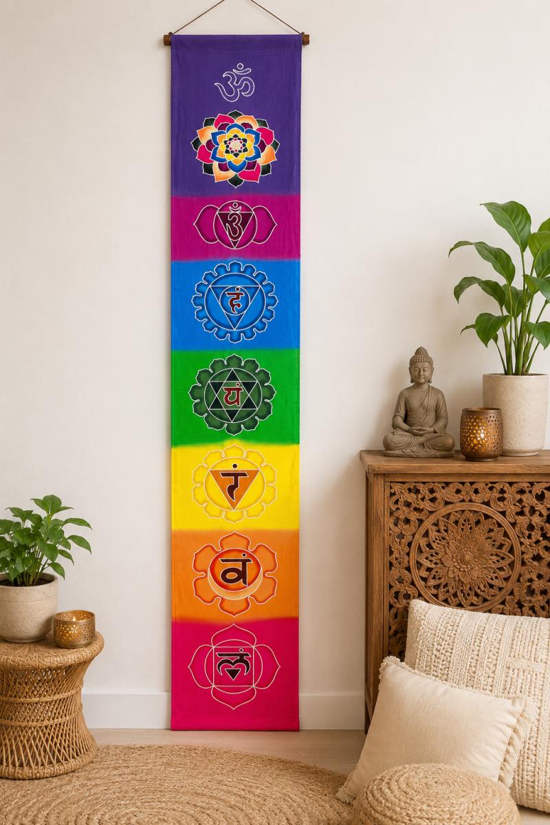 Farbenfroher Wandschal mit sieben Chakren aus Viskose als spirituelle Wanddekoration im Yoga und Meditationsraum