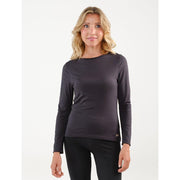 model.webp	Damen Yoga Langarmshirt Atma in Anthrazit mit körpernahem Schnitt, Rundhalsausschnitt und dezentem OM-Logo