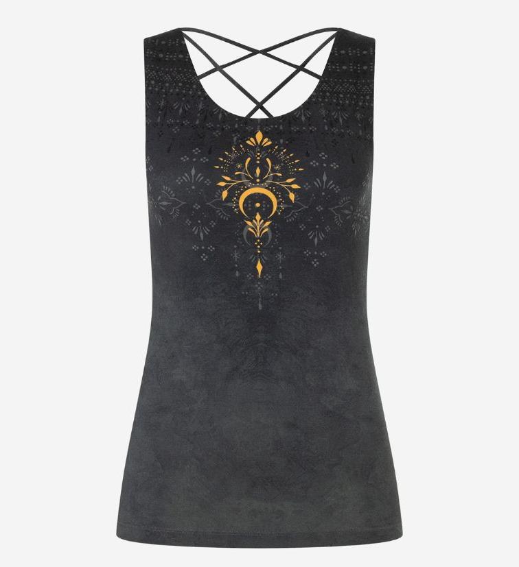Damen Yogatop Tivra in Anthrazit mit Rundhalsausschnitt, körpernahem Schnitt und goldfarbenem Ornament