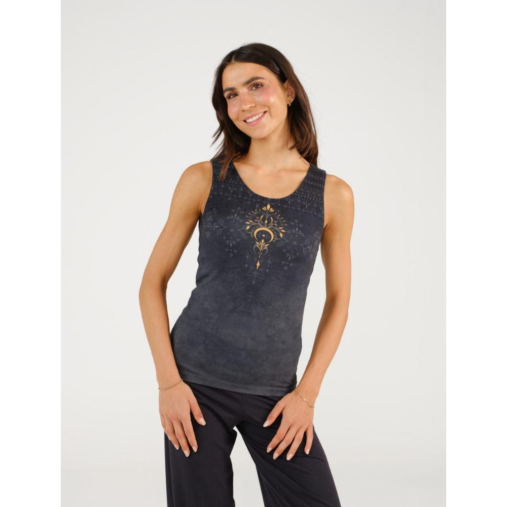 Yogatop Tivra in Anthrazit mit goldfarbenen Ornamenten und feinen Ton-in-Ton-Mustern