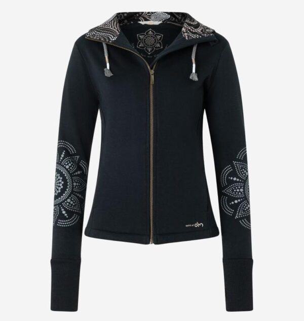 Sweatjacke Maui Nava schwarz mit Mandala Print und Kapuze von Spirit of Om Vorderseite