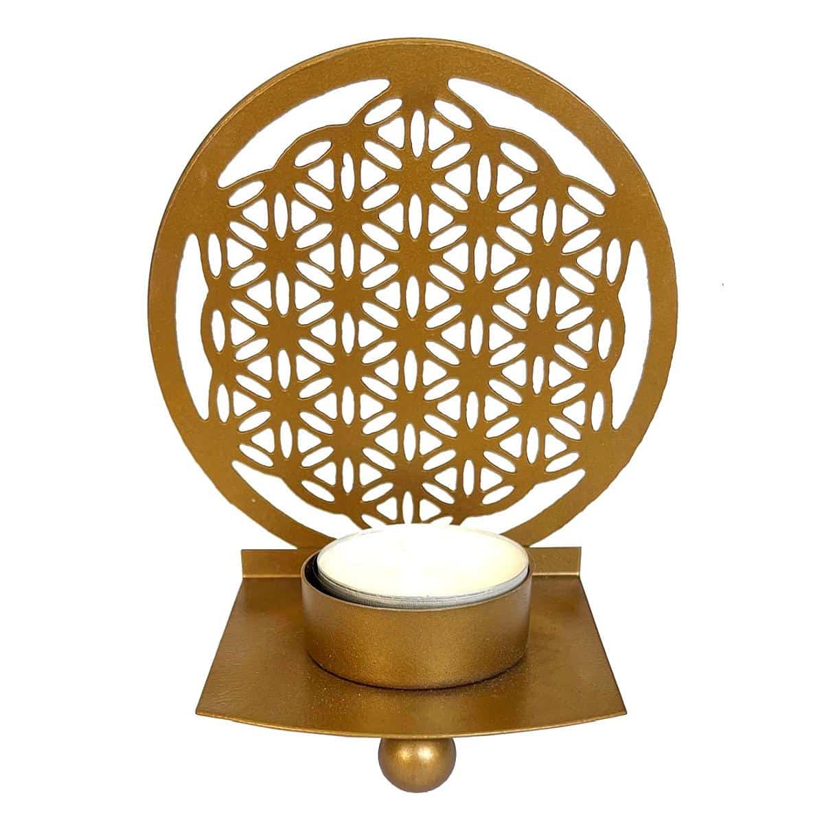 spirituelles Geschenk Teelicht Blume des Lebens aus Metall goldglänzend