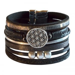 Armband Kunstleder Magnet Blume des Lebens schwarz