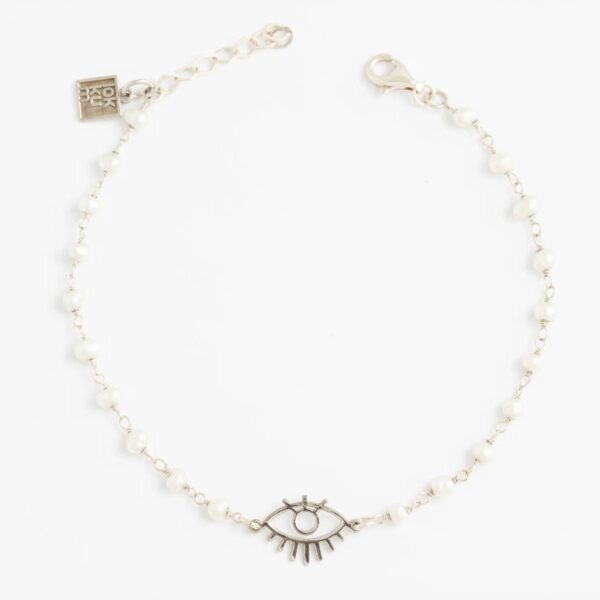 Gottes Auge Armband aus silber mit zarten weissen Perlen