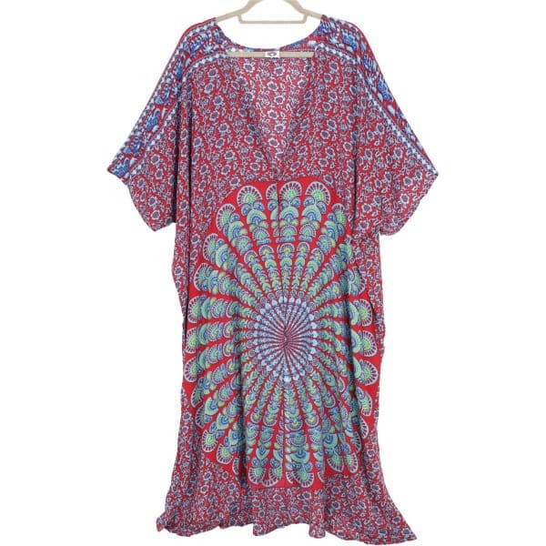 Sommer Kimono Strandkleid in rot blau und Mandala Muster in gruen