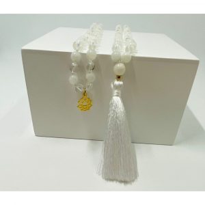 Mondstein und Bergkristall Mala mit weisser Quaste